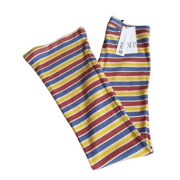 Zara Rib Texture Striped Pull On bell leg Pants Flare High Rise Stretch sz s - Picture 6 of 13